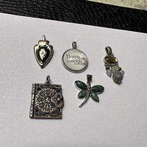 Lot Of 5 Silver Tone Jewelry Pendants / Charms - Dragonfly, Arrow, Book